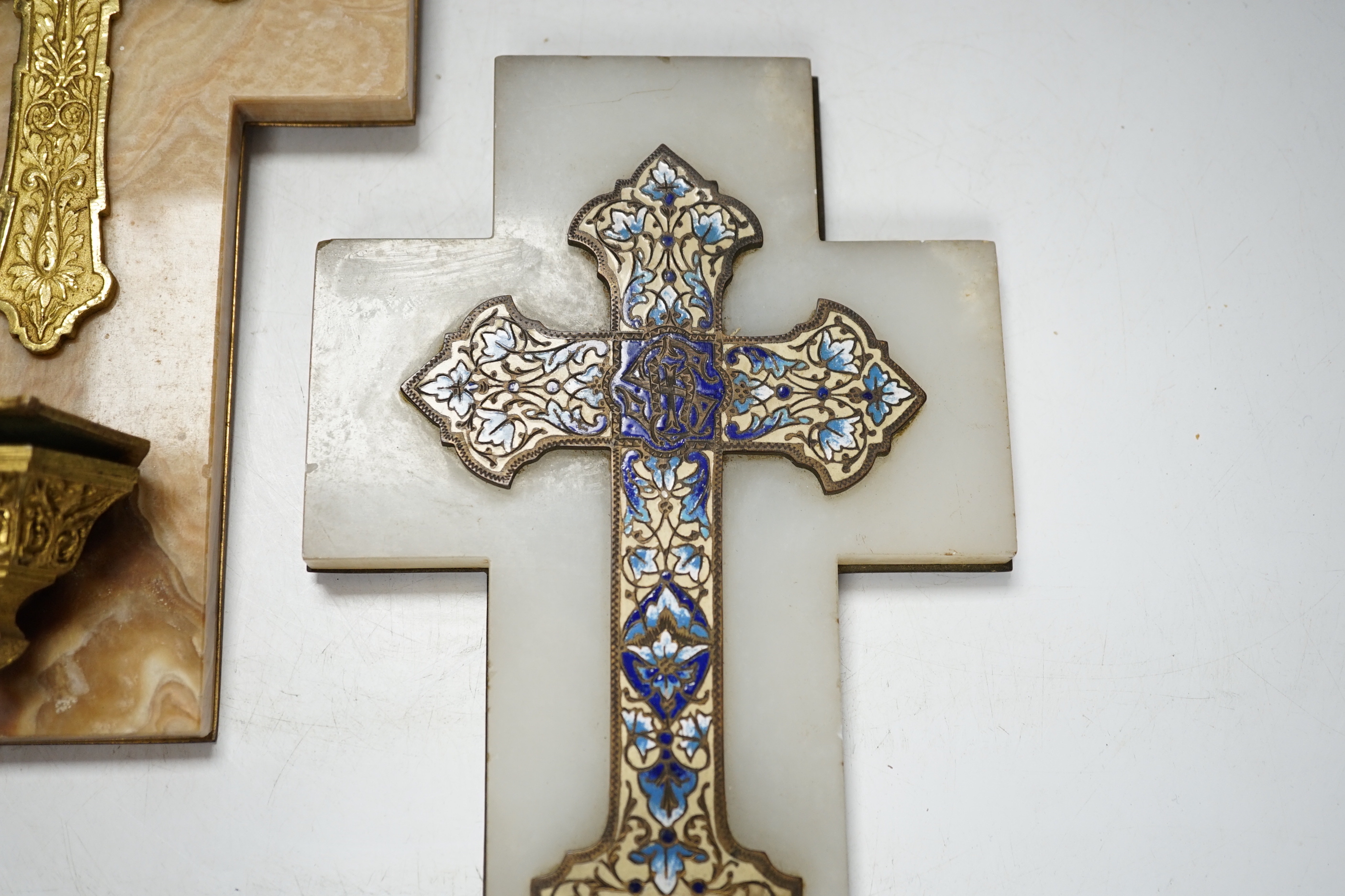 Two ‘holy water’ onyx mounted church stoups, largest 25cm high